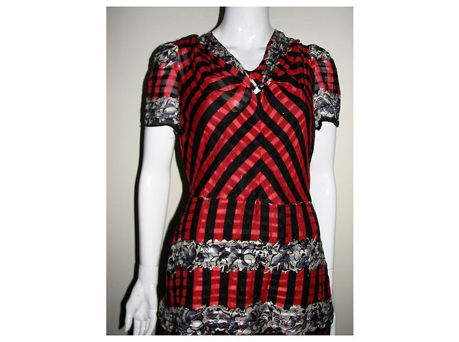 Anna Sui Seidenkleid mit Streifen und Blumen Schwarz Rot - Ansicht 3