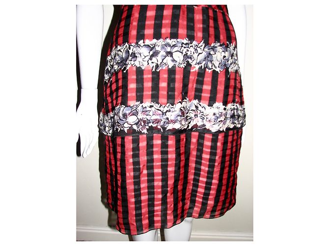 Anna Sui Seidenkleid mit Streifen und Blumen Schwarz Rot - Ansicht 4