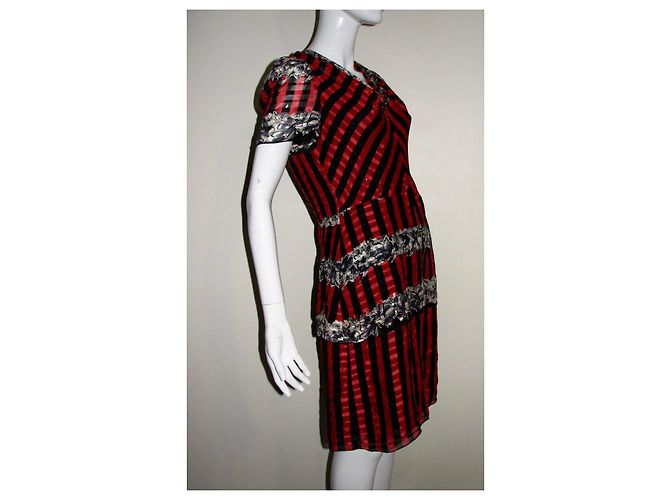 Anna Sui Seidenkleid mit Streifen und Blumen Schwarz Rot - Ansicht 5