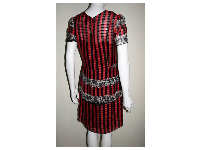 Anna Sui Seidenkleid mit Streifen und Blumen Schwarz Rot - Ansicht 6