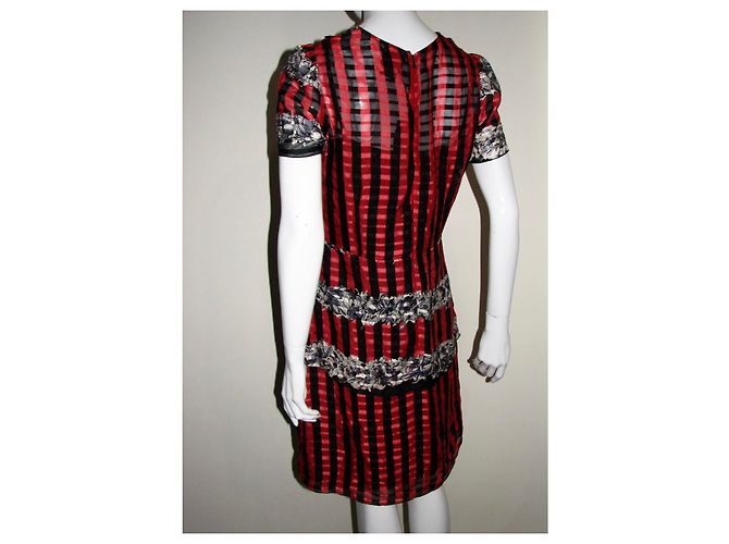 Anna Sui Seidenkleid mit Streifen und Blumen Schwarz Rot - Ansicht 8