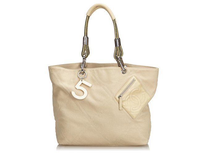 Chanel Brown No.5 Canvas Tote Bag Beige Leather Cloth Lambskin Cloth ...