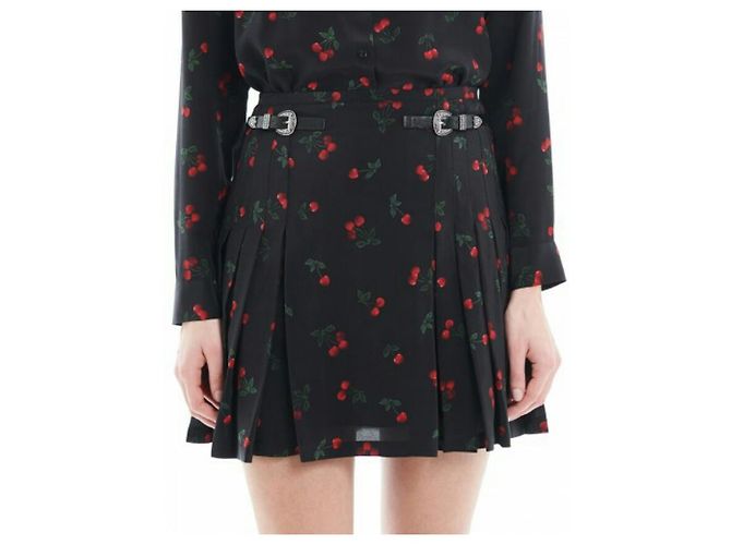 Falda corta de seda plisada The Kooples Estampado Cerezas Negra Negro - vista 3