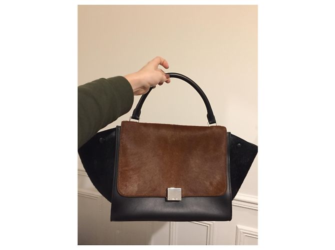 Borsa Céline Trapeze in pelle nera e pelliccia marrone Nero - vista 3