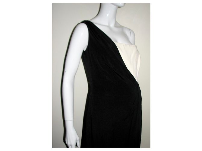 Escada Vestido de seda preto e marfim de um ombro Creme - vista 5