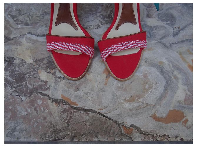 Sandali Marni in tessuto rosso e bianco e pelle Turchese - vista 3