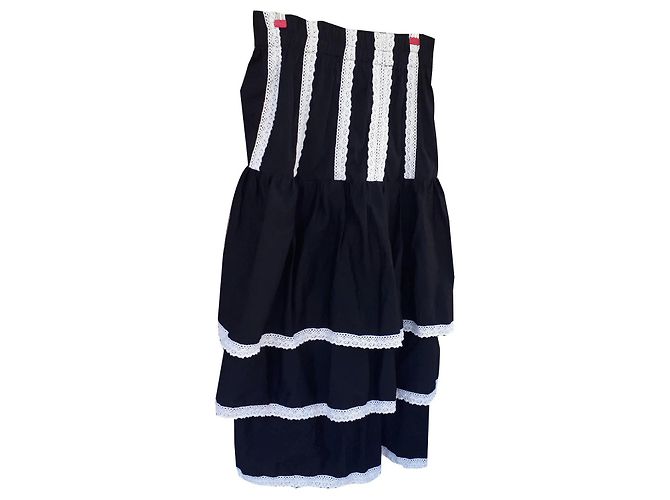 Autre Marque Falda bohemia negra con volantes y encaje blanco de algodón Negro - vista 2