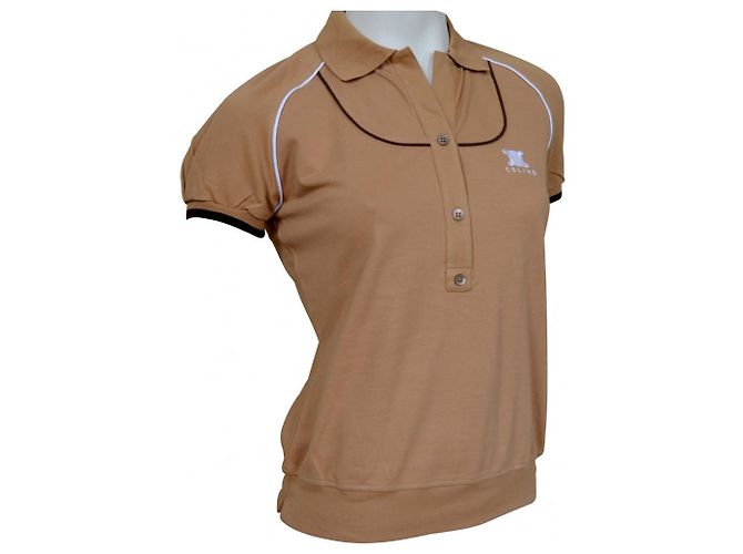 Céline Polo in cotone a maniche corte in piquet di cotone Camel CELINE Top Size M MEDIUM Caramello - vista 3
