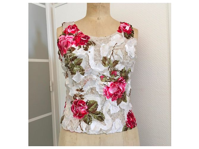 Autre Marque OriginalTee Plissee Top aus Polyester Weiß Rot - Ansicht 2