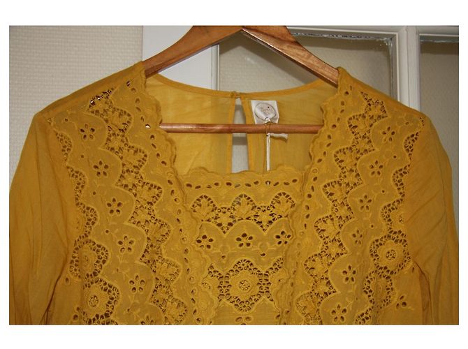 Vestido Des Petits Hauts de algodón mostaza - vista 4