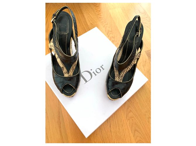 Christian Dior Sandali con zeppa in pelle Dior Nero Beige D'oro - vista 4