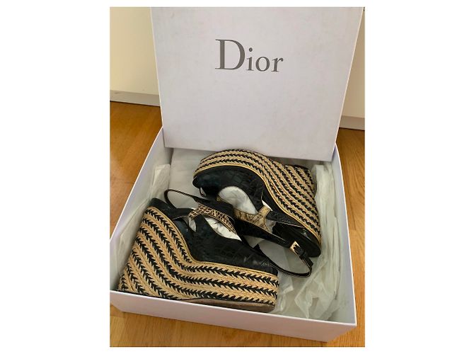 Christian Dior Sandali con zeppa in pelle Dior Nero Beige D'oro - vista 5
