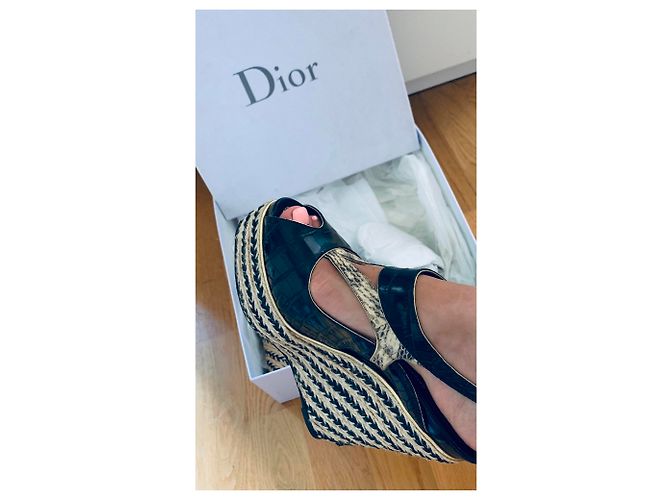 Christian Dior Sandali con zeppa in pelle Dior Nero Beige D'oro - vista 6