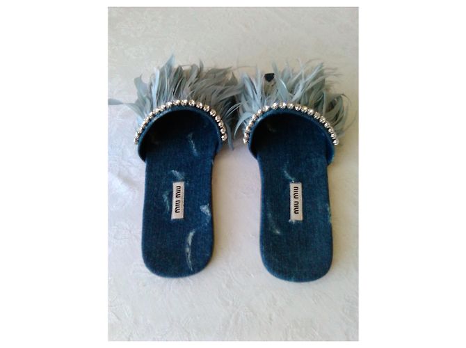 Sandali in denim MIU MIU con piume e cristalli Blu - vista 6