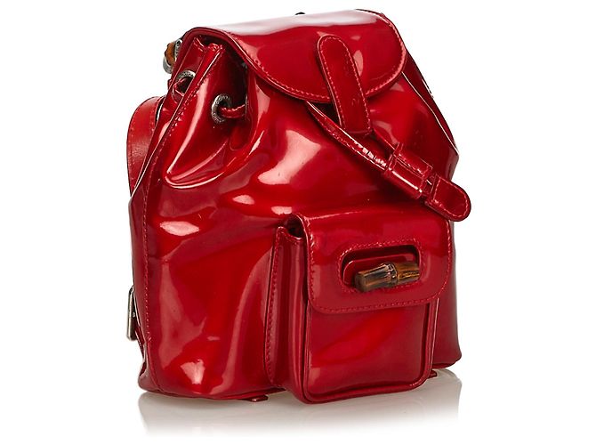 Gucci Red Bamboo Patent Leather Drawstring Backpack - view 2