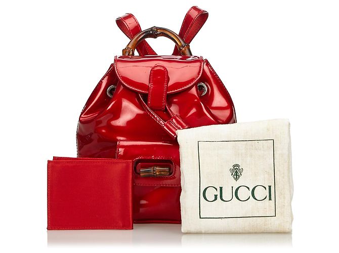 Gucci Red Bamboo Patent Leather Drawstring Backpack - view 9