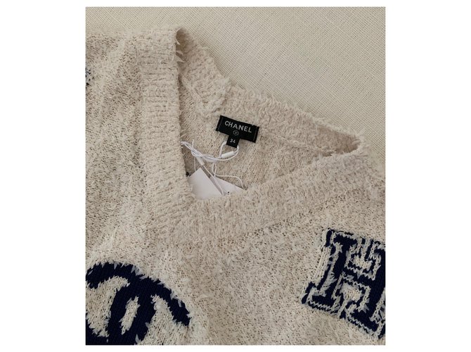 Chanel Varsity Iconic Logo Pullover Pull Size 34 Beige - vue 5
