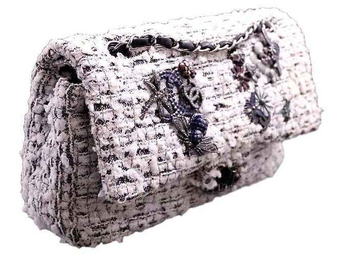 Borsa Chanel Classic 2.55 collettore di tweed bucolico in metallo bianco e nero argento - vista 2
