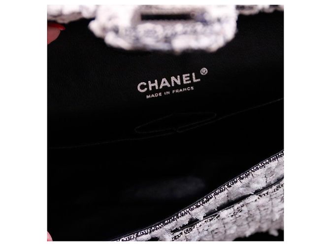 Borsa Chanel Classic 2.55 collettore di tweed bucolico in metallo bianco e nero argento - vista 6