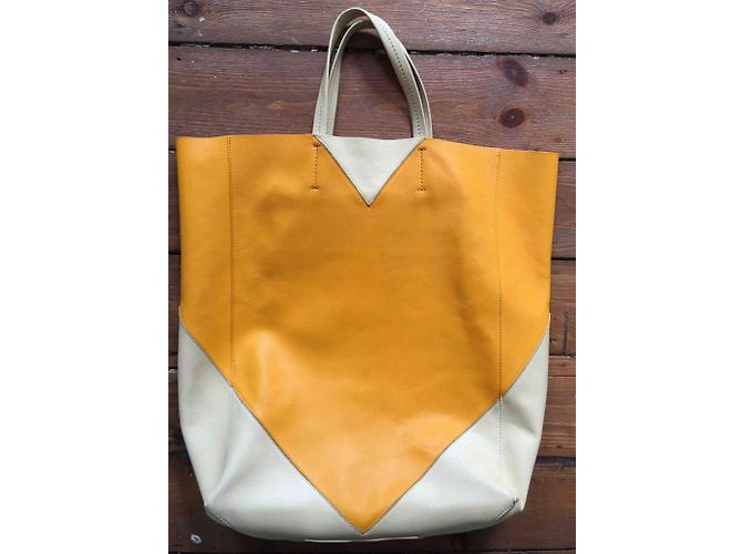 Cabas Borsa Tote Céline in Pelle Gialla ed Ecru Crudo Giallo - vista 2