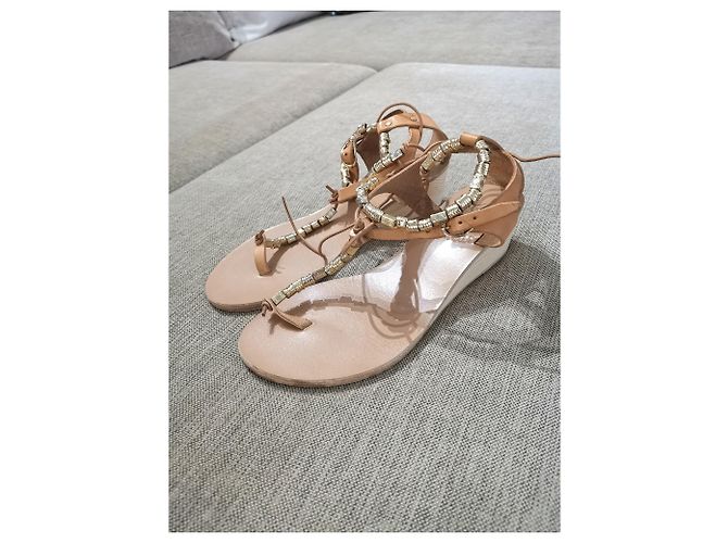 Ancient Greek Sandals Sandalias griegas antiguas sandalias de cuña con cuentas doradas Beige - vista 2
