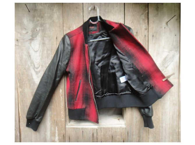 Maje wool and leather jacket, Mint condition Black Red - view 4