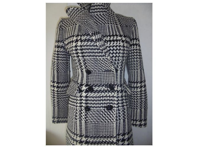 KOOKAÏ BELLO CAPPOTTO APPENDIABITO LUNGO IN LANA TESSUTO CROCE IN BIANCO E NERO - vista 2