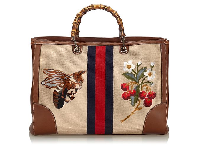 Cartella Gucci Brown Bamboo Needlepoint Canvas - vista 3