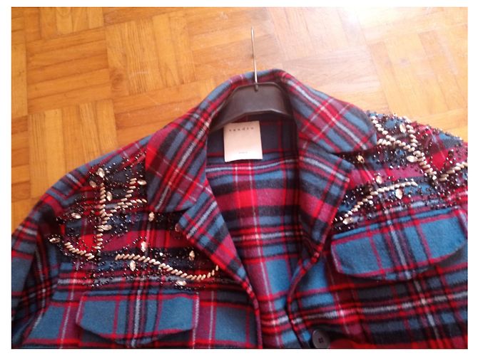 Abrigo Sandro de lana azul y rojo con estampado tartán - vista 4