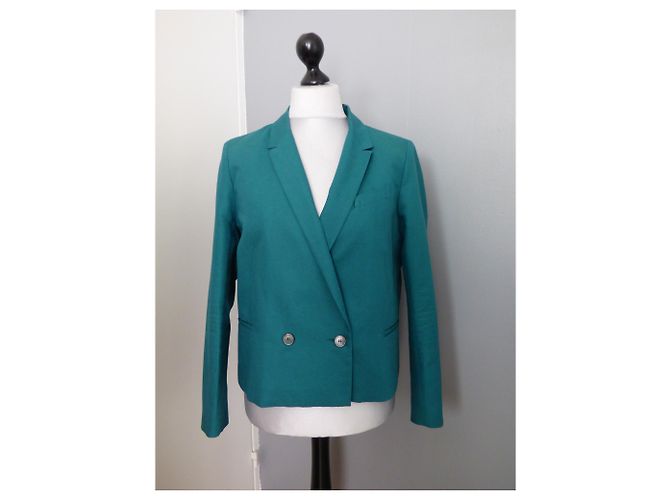 Chaqueta Blazer Comptoir Des Cotonniers Verde Oscuro Algodón Lino 42 - vista 7