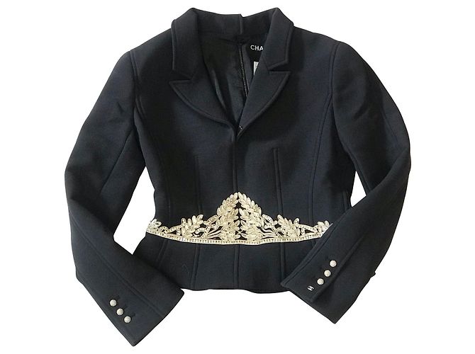 Chanel Jacke aus schwarzer Wolle mit Strass bestickt Silber - Ansicht 2
