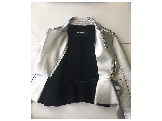 Dsquared2 Bikerjacke aus silbernem Leder - Ansicht 10