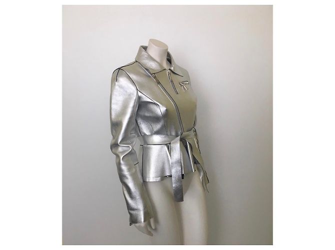 Dsquared2 Bikerjacke aus silbernem Leder - Ansicht 3