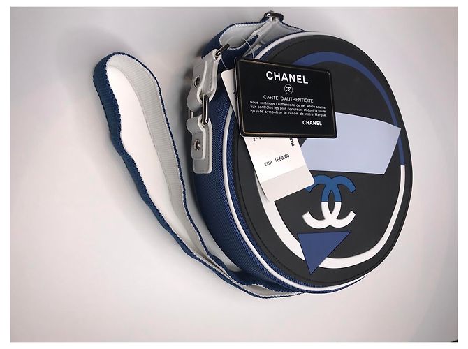 BORSA A MANO CHANEL IN TELA E GOMMA . Nero Bianco Blu navy - vista 14
