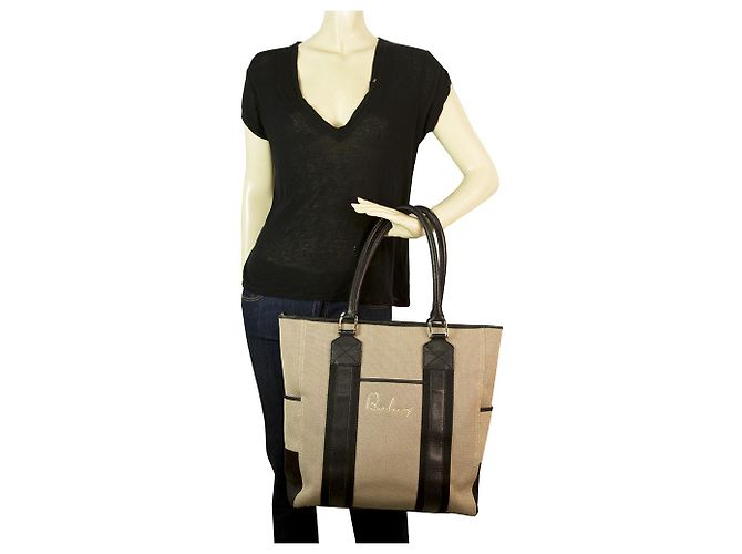 Thomas Burberry Burberry Beige / Grey Canvas & Black Leather Trim Handtasche Tote Große Einkaufstasche - Ansicht 10