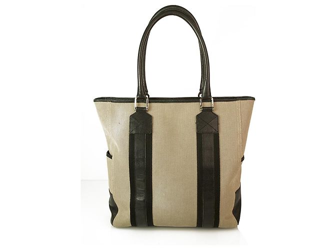 Thomas Burberry Burberry Beige / Grey Canvas & Black Leather Trim Handtasche Tote Große Einkaufstasche - Ansicht 2