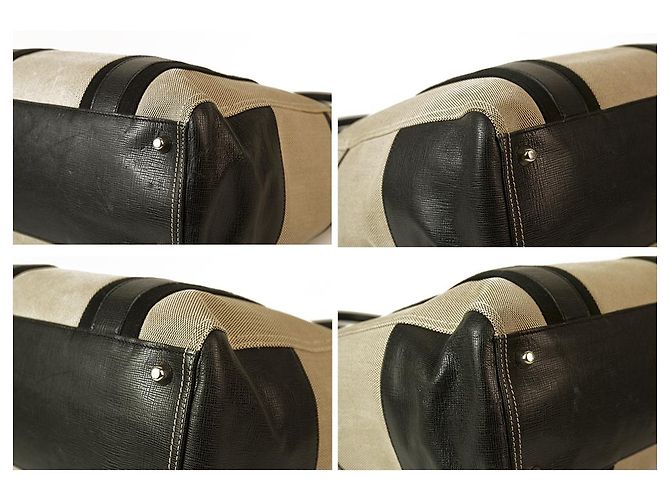 Thomas Burberry Burberry Beige / Grey Canvas & Black Leather Trim Handtasche Tote Große Einkaufstasche - Ansicht 4
