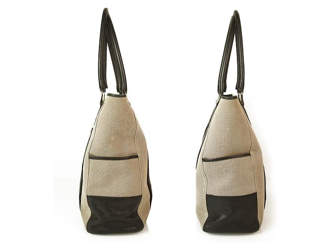 Thomas Burberry Burberry Beige / Grey Canvas & Black Leather Trim Handtasche Tote Große Einkaufstasche - Ansicht 5