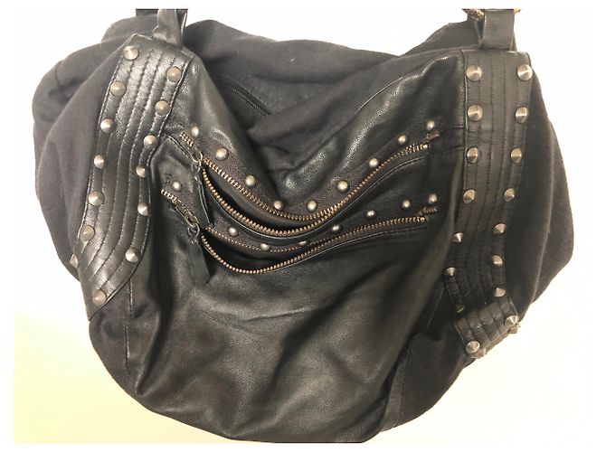 Autre Marque Borsa a mano in pelle e tessuto nero - vista 2