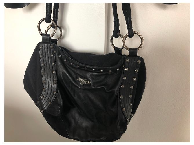Autre Marque Borsa a mano in pelle e tessuto nero - vista 3