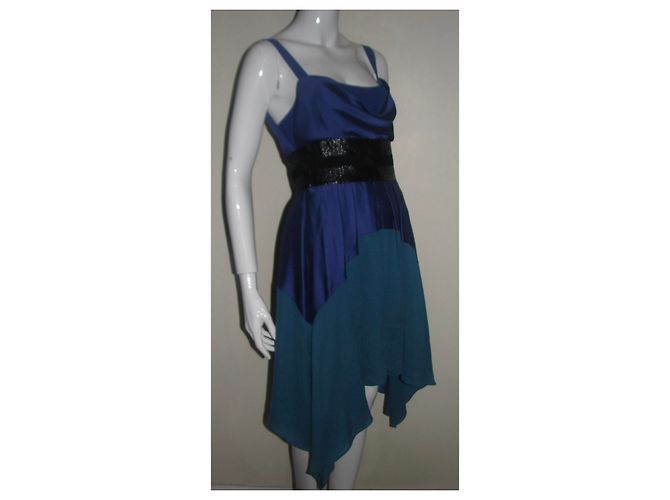 Abito asimmetrico Halston Heritage in raso blu verde e nero - vista 2