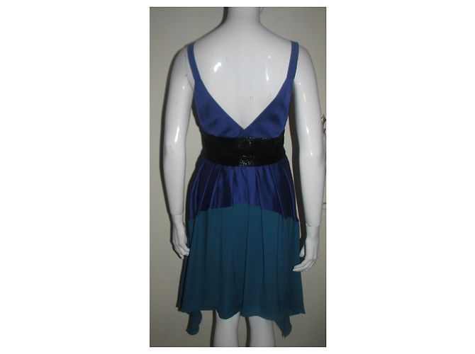 Abito asimmetrico Halston Heritage in raso blu verde e nero - vista 4