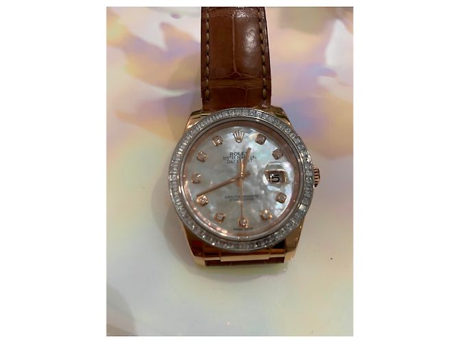 Reloj Rolex Oro Rosa Bisel de Diamantes Baguette Esfera de Madreperla 36mm Castaño - vista 6