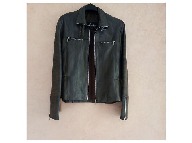 Autre Marque Echte Lederjacke in Grün und Schwarz Dunkelgrün - Ansicht 6