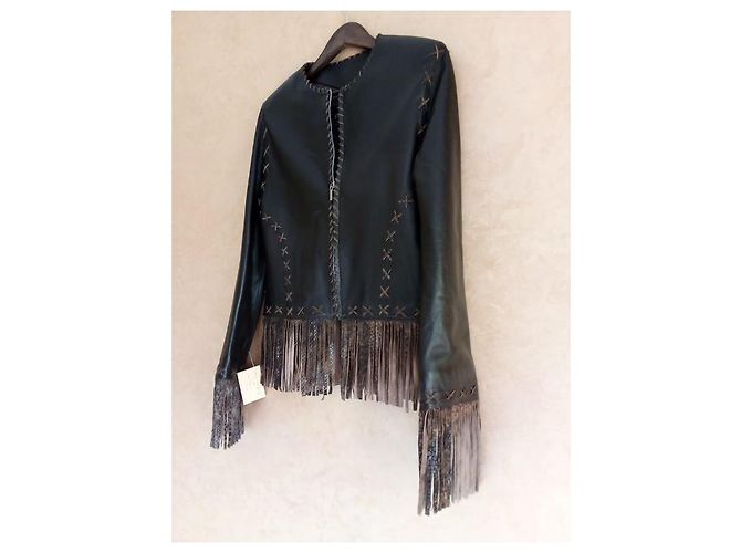 Autre Marque FOX LEATHER BRAND Spencer Jacke mit Fransen braunes Lammfell - Ansicht 6