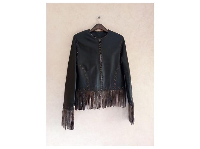 Autre Marque FOX LEATHER BRAND Spencer Jacke mit Fransen braunes Lammfell - Ansicht 7