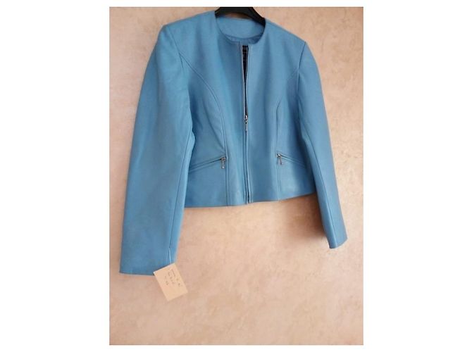 Autre Marque Giacca corta in pelle blu Blu chiaro - vista 4