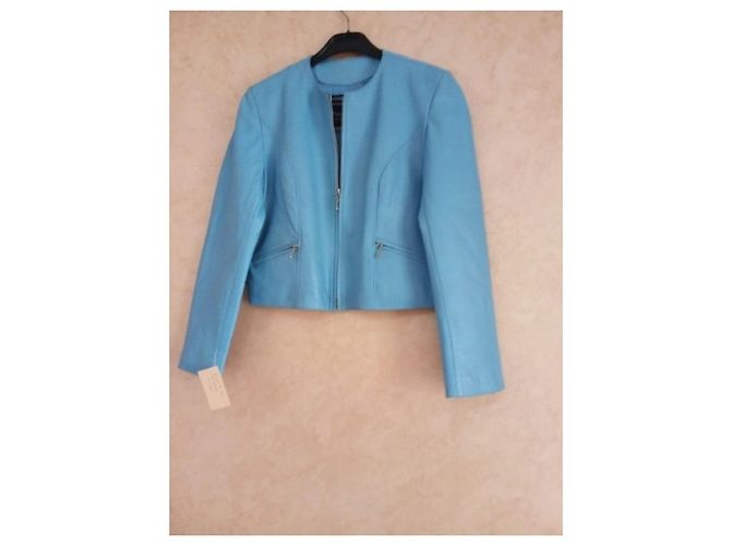 Autre Marque Giacca corta in pelle blu Blu chiaro - vista 5