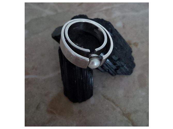 Autre Marque Modernistischer Silberring mit Perle Größe 55 - Ansicht 5