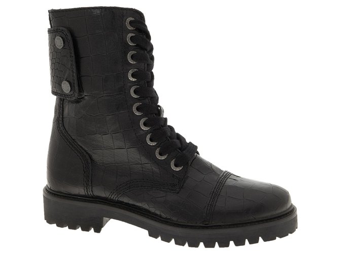 Zadig & Voltaire Bottes Motardes Joe Croco Cuir Noir Ref.155564 - Joli ...